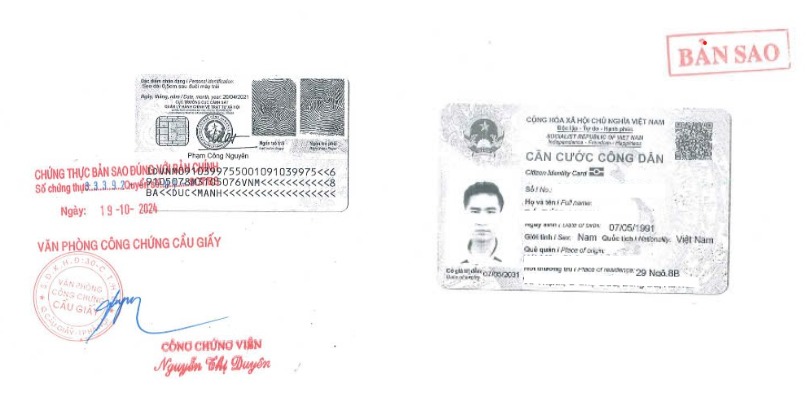 Mẫu căn cước công dân gắn chip photo công chứng